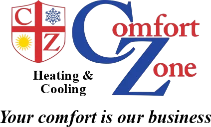 Comfort Zone logo with shield, sun, and snowflake; text reads “Heating & Cooling, Your comfort is our business.”.